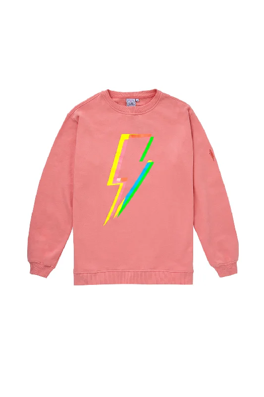 Coral with Rainbow Lightning Bolt Oversized Sweatshirt Hoodie with Ribbed Neckline Snug Warm