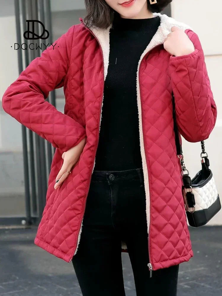 New Women Jacket Winter Hooded Plush Parkets Mid Length Casual Cotton-padded Jacket Winter Coat Women's Clothing Free Shipping Wool Fabric Cashmere Fabric Tweed Fabric