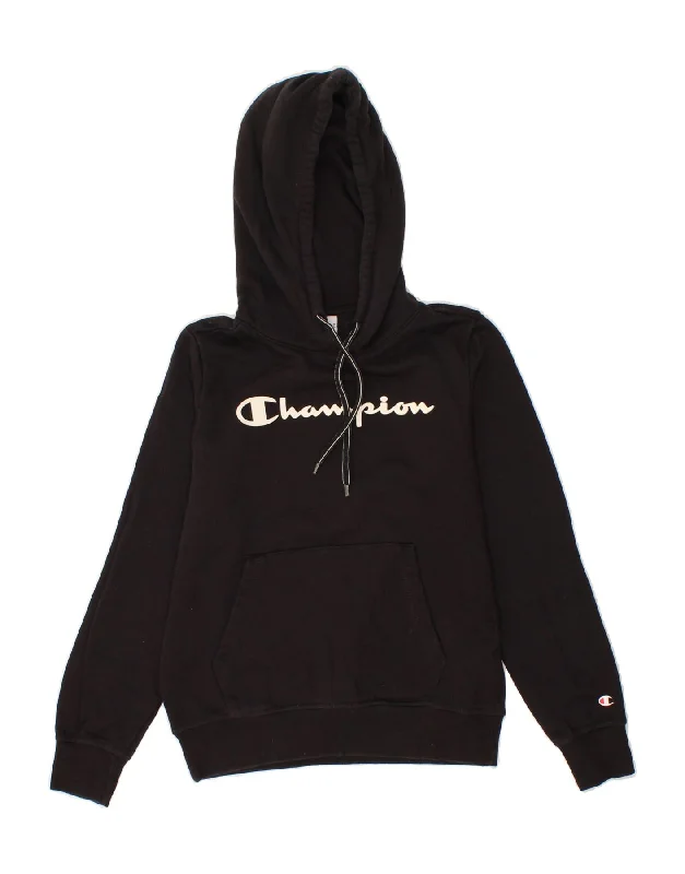 CHAMPION Womens Graphic Hoodie Jumper UK 12 Medium Black Cotton Hoodie with Ribbed Neckline Snug Warm