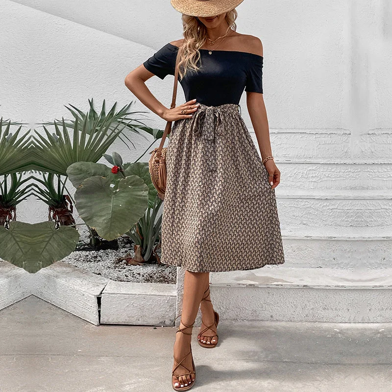 IKEARLAX New New summer new 2025 2025 trade women's cross-border one-word shoulder contrasting color slim dress Tunics Long Elegant IKEARLAX New New summer new 2025 2025 trade women's cross-border one-word shoulder contrasting color slim dress Tunics Long Elegant