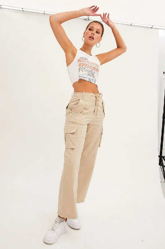 Beige Cargo Pants Relaxed Wide Leg Classic Bootcut Trousers