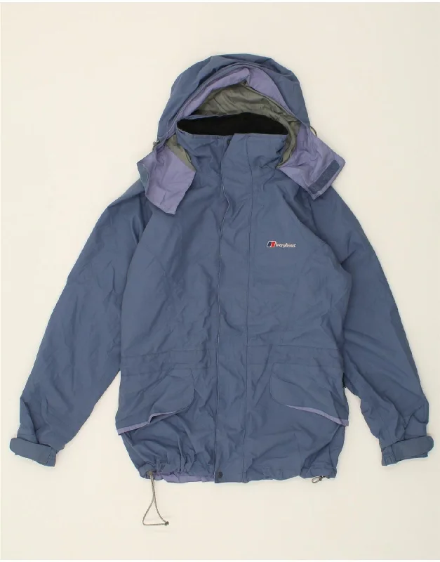 BERGHAUS Womens Loose Fit Hooded Rain Jacket UK 10 Small Navy Blue Nylon Boat Neck Shawl Collar Notched Collar