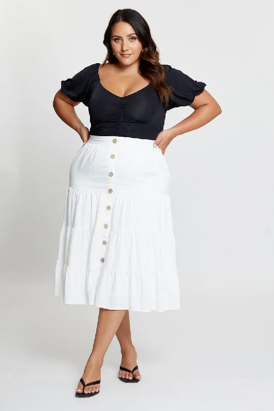 White Midi Skirt Mock Button tulle skirt dreamy