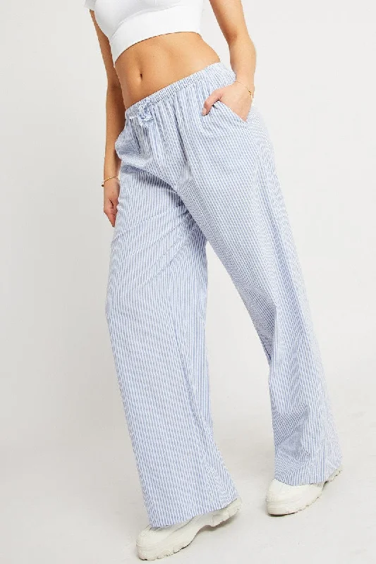 Blue Stripe Wide Leg Pants High Rise Slim Fit Casual Pants