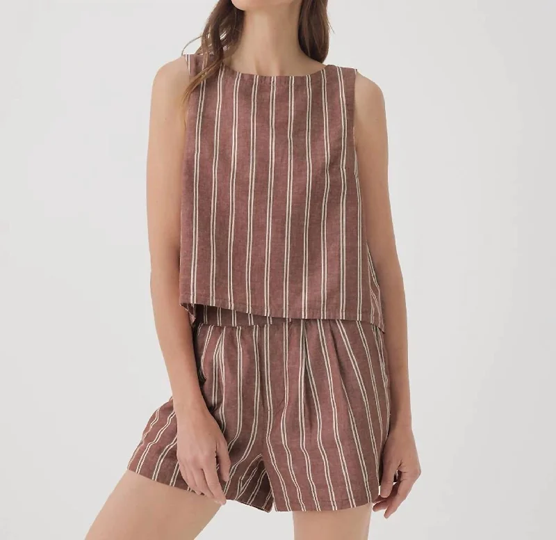 Women's Canopy Linen Blend Tulip Back Tank In Mahogany Stripe v-neck tank top