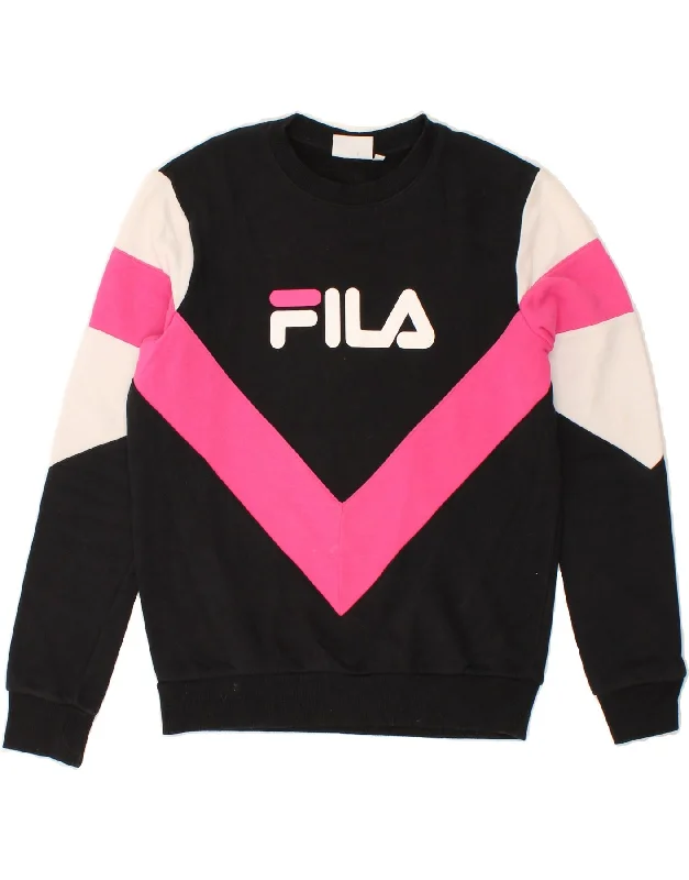 FILA Womens Graphic Sweatshirt Jumper UK 8 Small Black Colourblock Hoodie with Magnetic Closure Innovative Modern