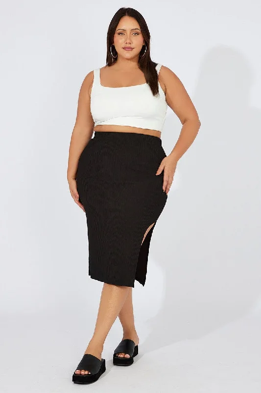 Black Midi Bodycon Skirt Rib a-line skirt cut