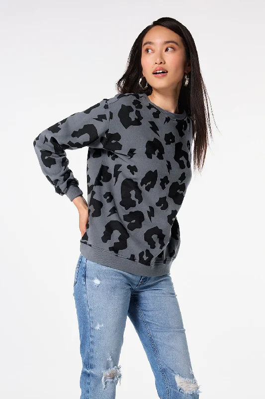 Grey with Black Mega Leopard Oversized Sweatshirt Hoodie with Hem Ribbing Snug Secure