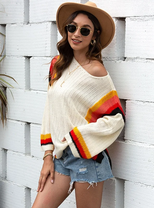 HOLLOW BEACH STITCHING KNIT RAINBOW SWEATER Embroidered Appliqued Beaded