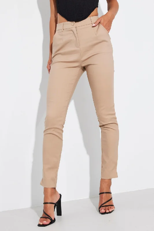 Brown Slim Pants Mid Rise Workwear Trendy Palazzo Pants