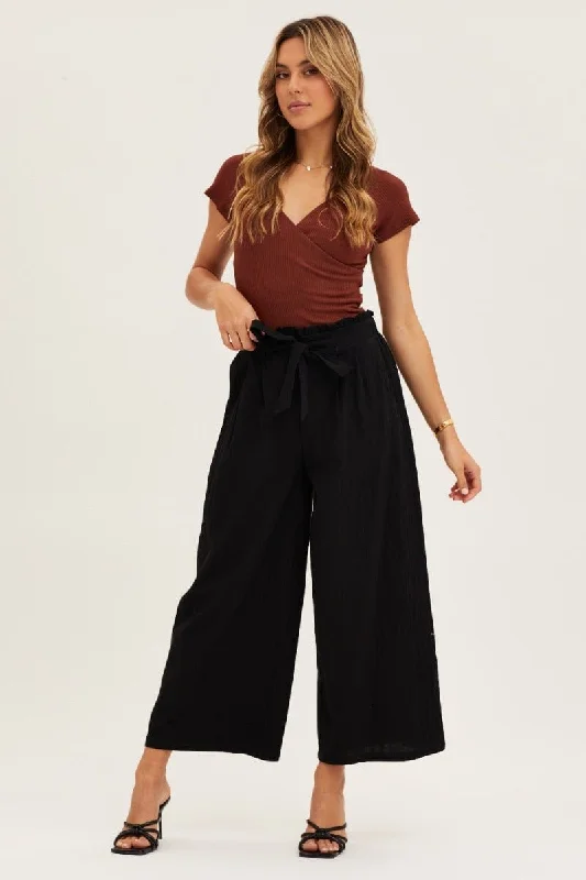 Black High Rise Waist Tie Crop Wide Pants Elegant Trouser Pants