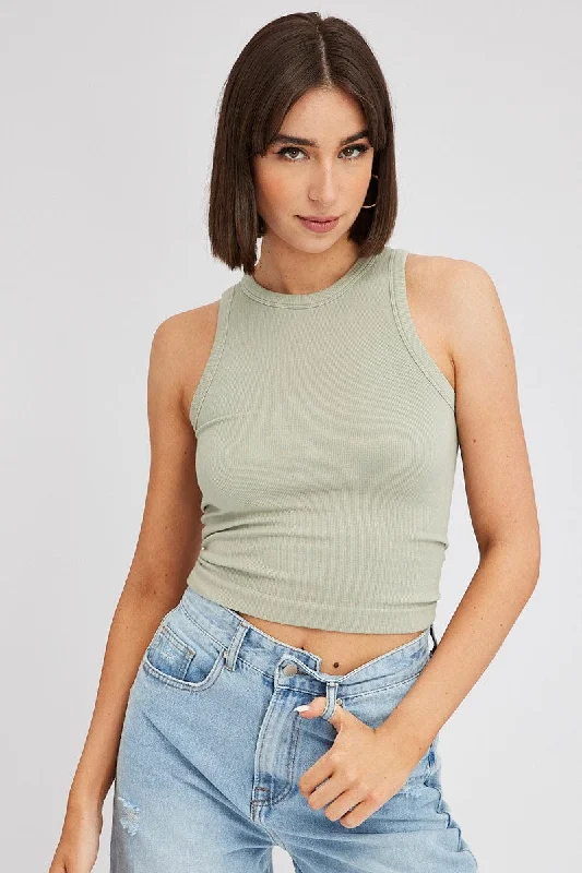 Green Tank Top Crew Neck Seamless gym tank top