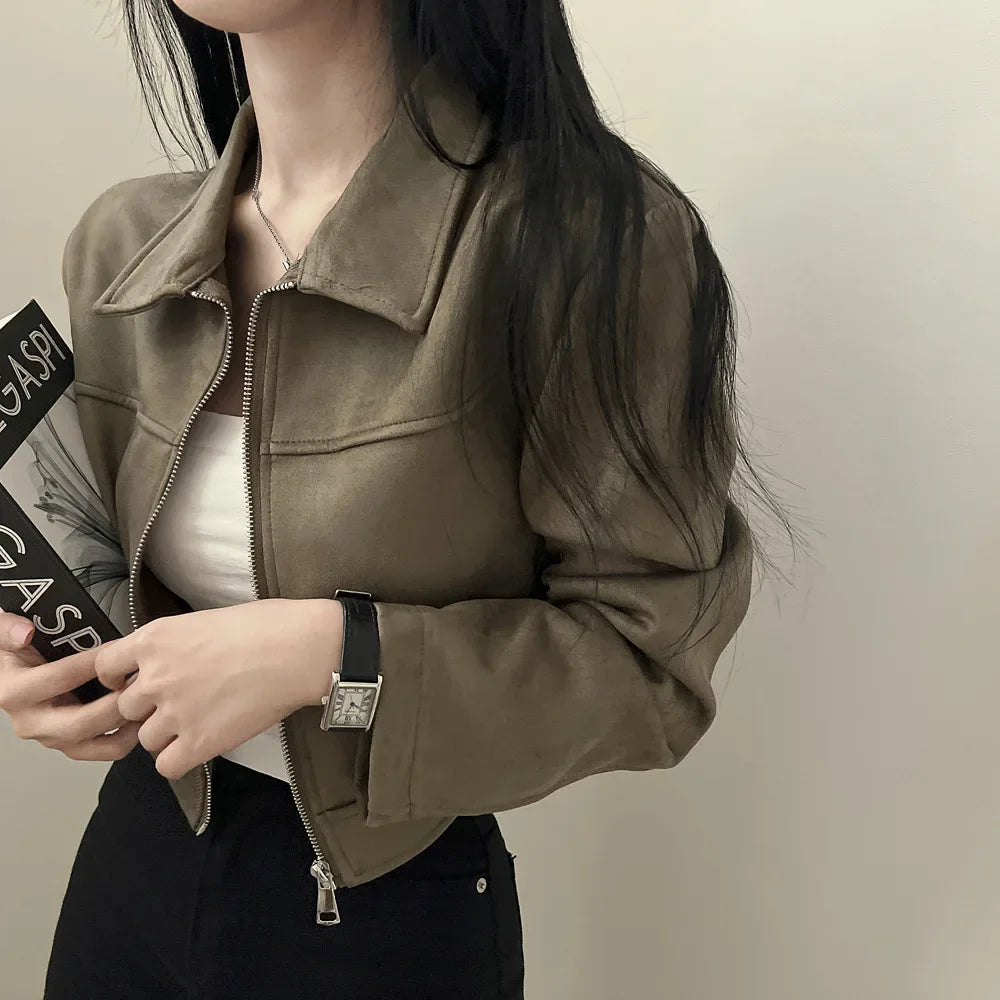 ChicAutumn Korean Style Vintage Simple Slimming Versatile Zippered Lapel Chamois Leather Fluffy Short Jacket For Women Notch Collar Peter Pan Collar Cowl Neck