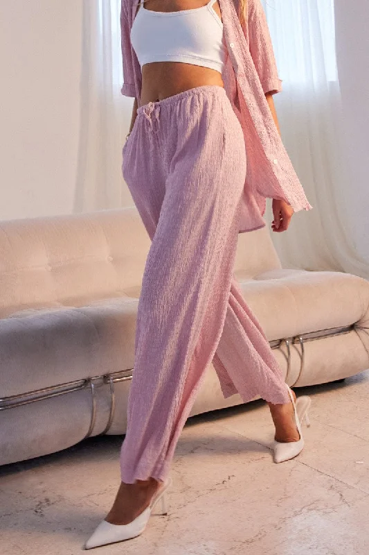 Pink Wide Leg Pants High Rise Textured Fabric Formal Stretch Pants