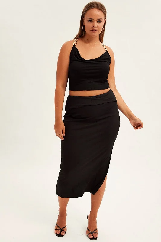 Black Midi Skirt High Rise Pencil Ribbed linen skirt airy