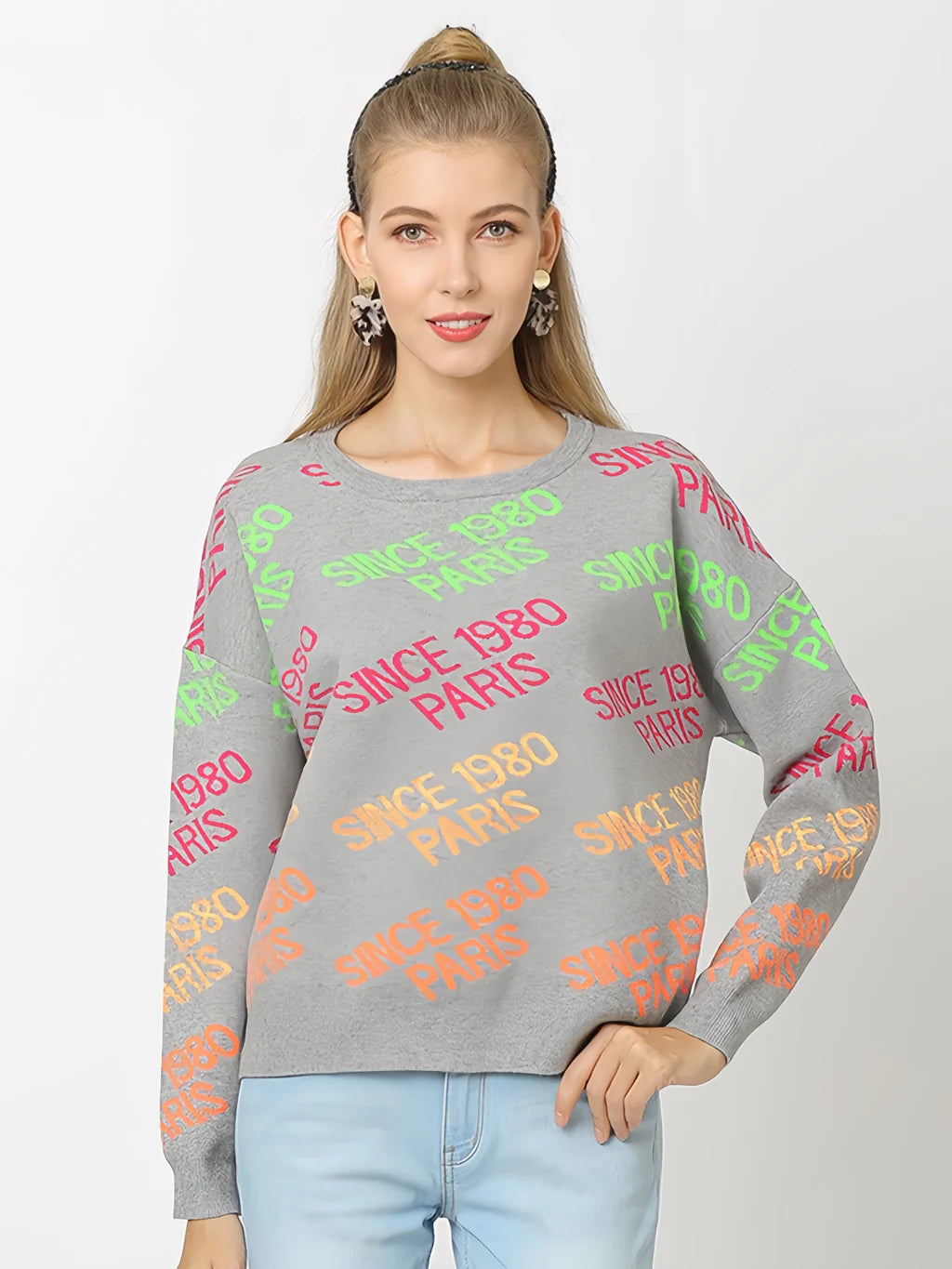 FASHION LETTER JACQUARD LOOSE ROUND NECK SWEATER Print Jacquard Patchwork