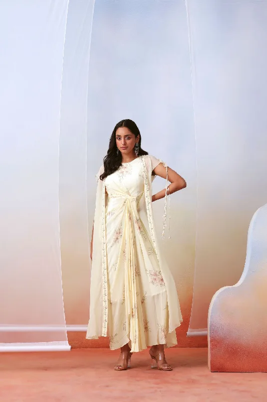 Off White Printed Drape Dress  With Embellished Cape Tunics Floral girly