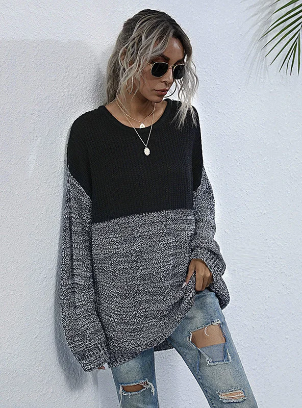 KNITTED COLOR MATCHING ROUND NECK LOOSE SWEATER Cable Knit Ribbed Knit Lace Knit