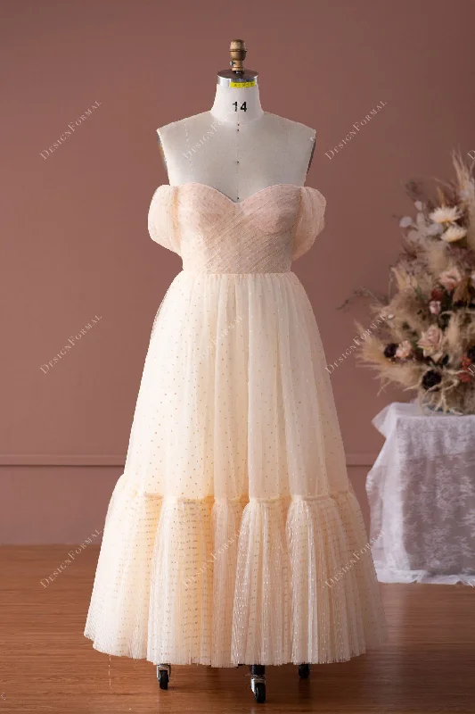 Dot Tulle Off Shoulder Tea Length fairy Formal Dress Tunics Sophisticated sleek