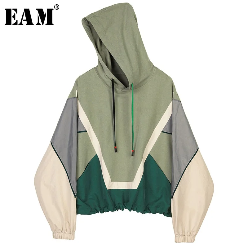 WILUXE  Loose Fit Green Contrast Color Oversize Sweatshirt New HoodedLong Sleeve Women Big Size Fashion Autumn Winter 2019 1B468 Hoodie with Lining Warm Insulated