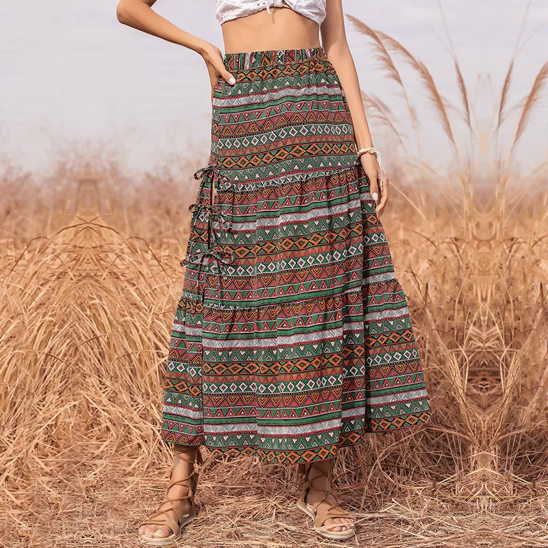 IKEARLAX   cross-border printing straps Bohemian skirt Middle Eastern ethnic style bow women's long dress Tunics Bridal satin