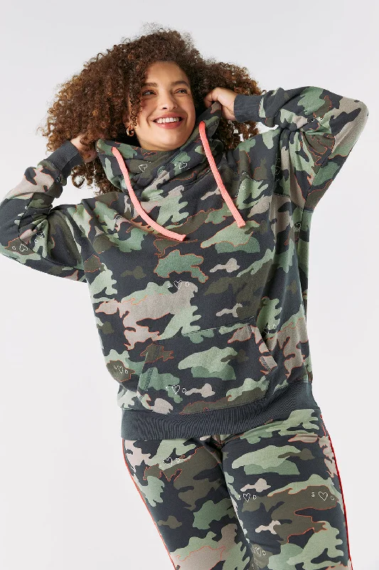 Khaki Camo Print Cowl Neck Hoodie Hoodie with Cuffed Sleeves Snug Secure