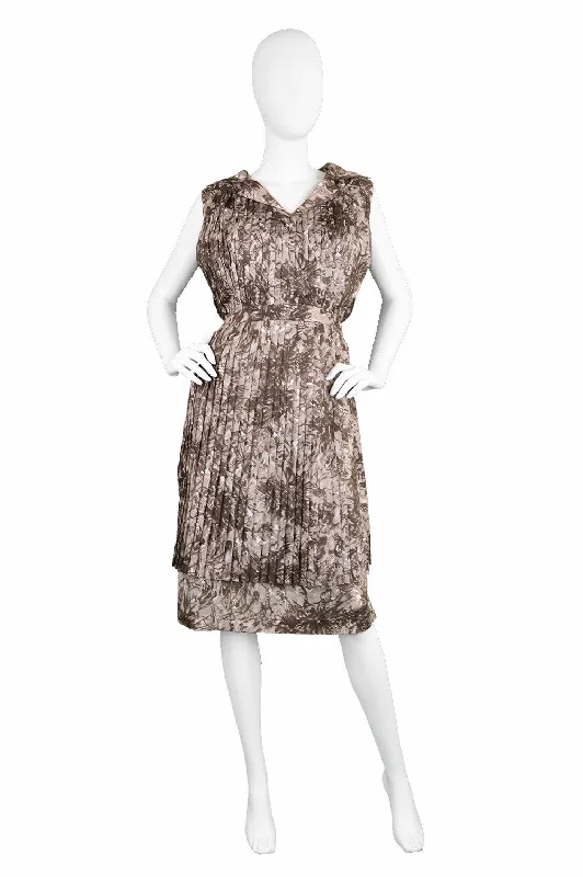 Silky Brown Pleated Evening Dress, 1960s Crew Neckline Sporty