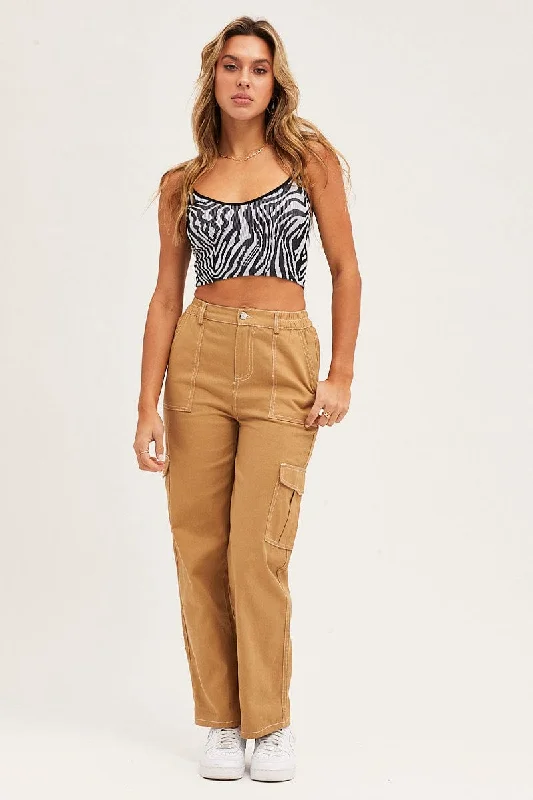 Beige Cargo Pants Out Pocket Comfortable Denim Pants