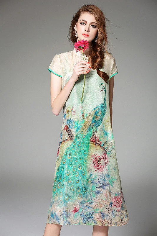 Peacock Print Silk Dress Tunics Wedding white