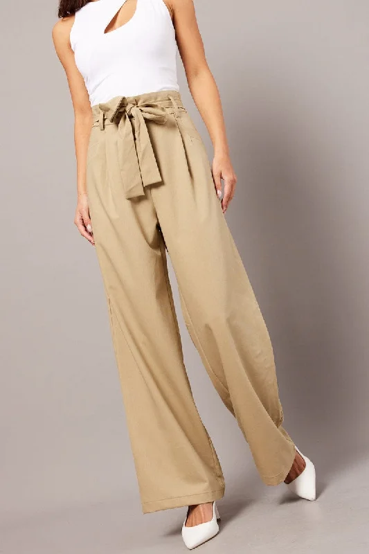 Beige Wide Leg Pants Waist Tie Relaxed Fit Trousers