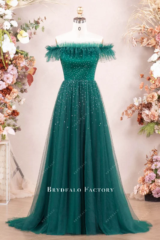 Shimmer Dark Green Tulle A-line Long Evening Prom Dress Tunics Chic elegant