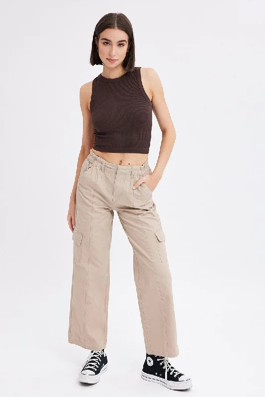 Beige Cargo Pants Mid Rise Slim-Fit Leggings