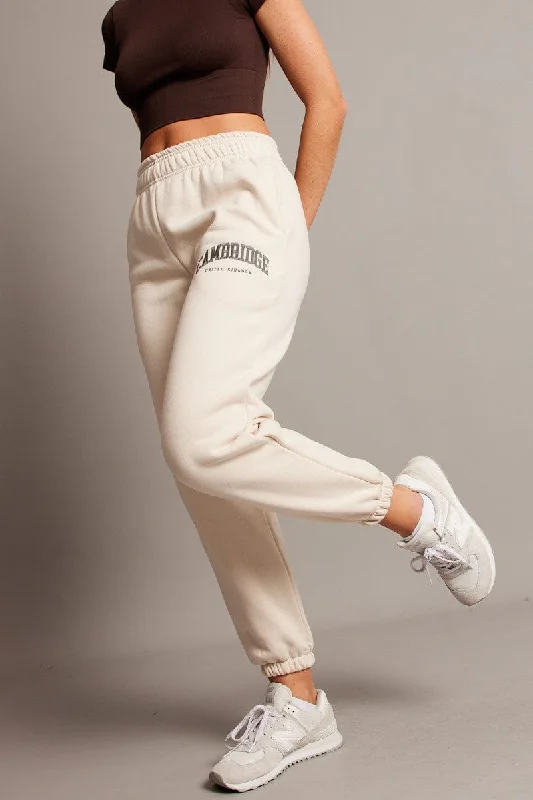 Beige Track Pants High Rise Fashionable Sporty Pants