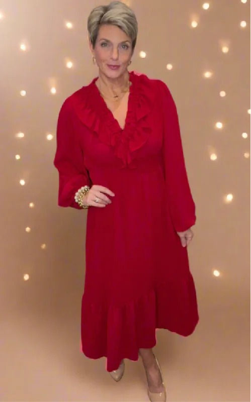 Ruby Red Ruffle V-Neck Dress Boatneck Modish Everyday