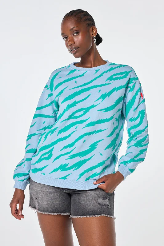 Light Blue with Green Graphic Tiger Oversized Sweatshirt Hoodie with Longline Fit Extended Stylish
