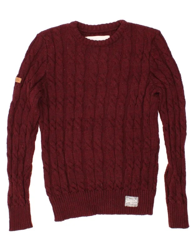 SUPERDRY Womens Boat Neck Jumper Sweater UK 14 Medium Burgundy Acrylic Mesh Sweater Canvas Denim