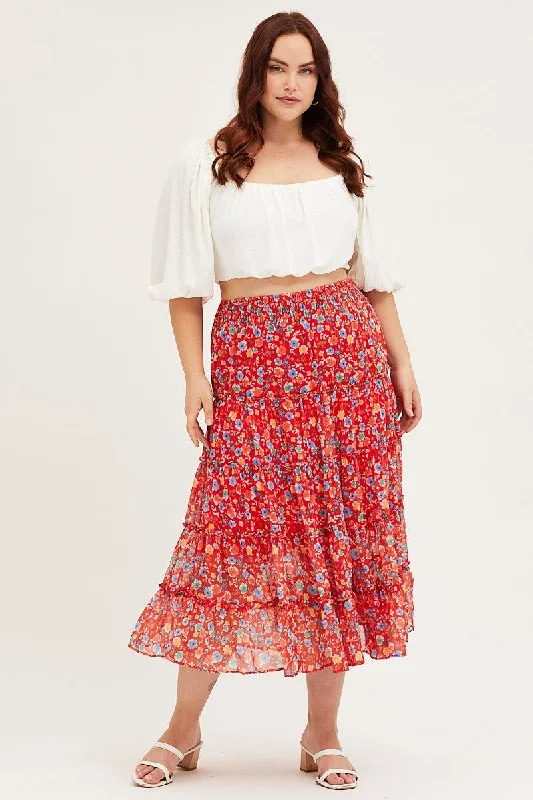 Floral Print Maxi Skirt Elastic Waist cashmere skirt plush