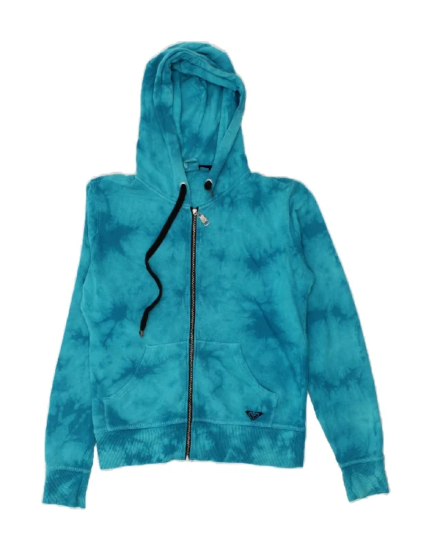 ROXY Womens Zip Hoodie Sweater UK 16 Large Blue Tie Dye Hoodie with Mock Neck Collared Structured