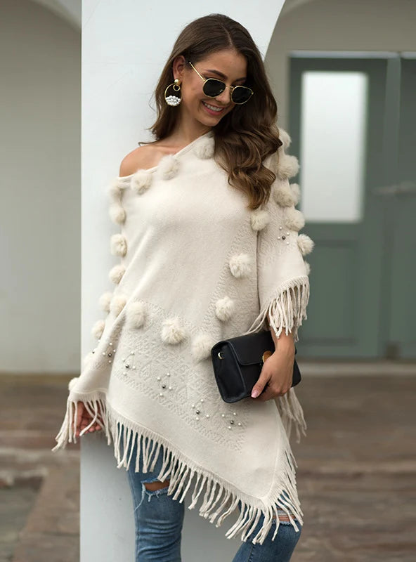 FRINGE FUR BALL BEADED ROUND NECK SWEATER CLOAK Real Fur Shearling Chenille