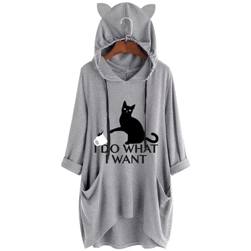 WILUXE Women Hoodies Plus Size I Do What I Want Letter Print Cat And Cup Ear Pattern Pocket Sweatshirt Oversized Cute Pullover Femme Hoodie with Strings Custom Fit Adjustable