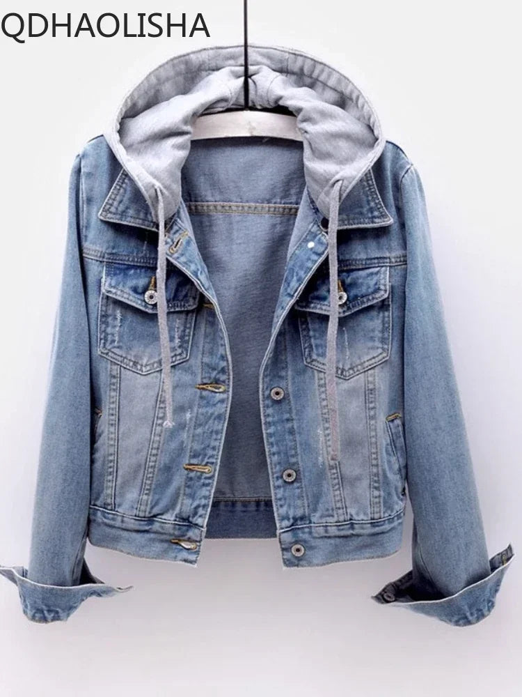 Women's Jacket Denim Coat New in Korean Fashion Slim Versatile Long Sleeve Top Hooded Short Denim Jacket Winter Woman Clothing Welt Pockets Slit Pockets Flap Pockets