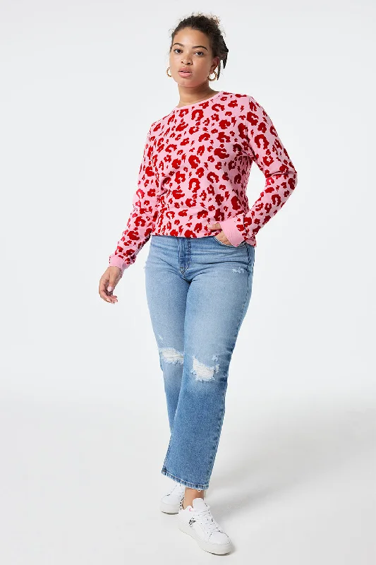 Pink with Red Leopard Sweatshirt Hoodie with Distressed Vintage Worn