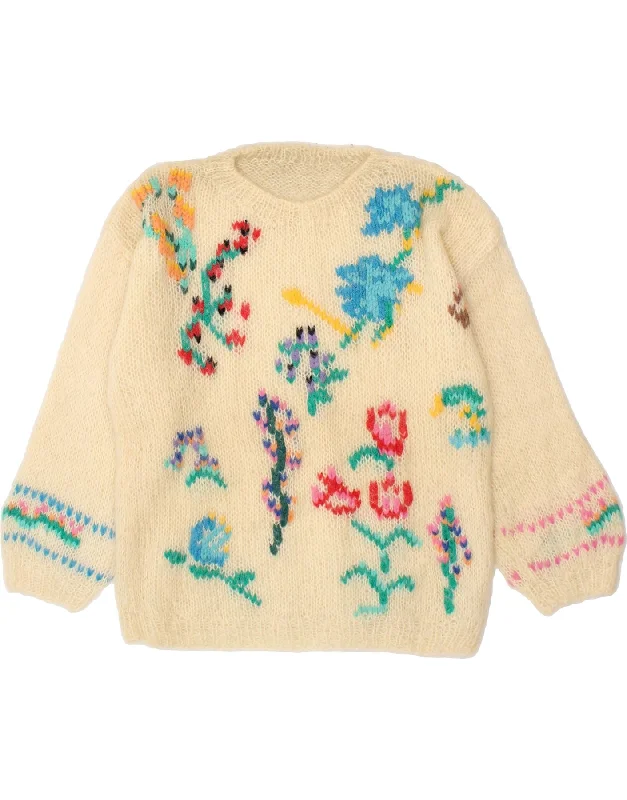 VINTAGE Womens Crew Neck Jumper Sweater UK 14 Medium Beige Floral Mohair Boxy Sweater Fitted Sweater A-Line VINTAGE Womens Crew Neck Jumper Sweater UK 14 Medium Beige Floral Mohair Boxy Sweater Fitted Sweater A-Line