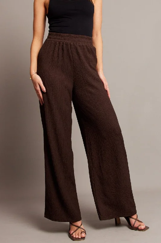 Brown Wide Leg Pants High Rise Textured Fabric Fashionable Work Pants