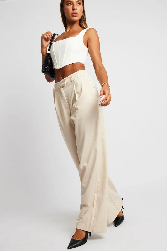 Beige Wide Leg Pants Mid Rise Relaxed High-Waist Trousers