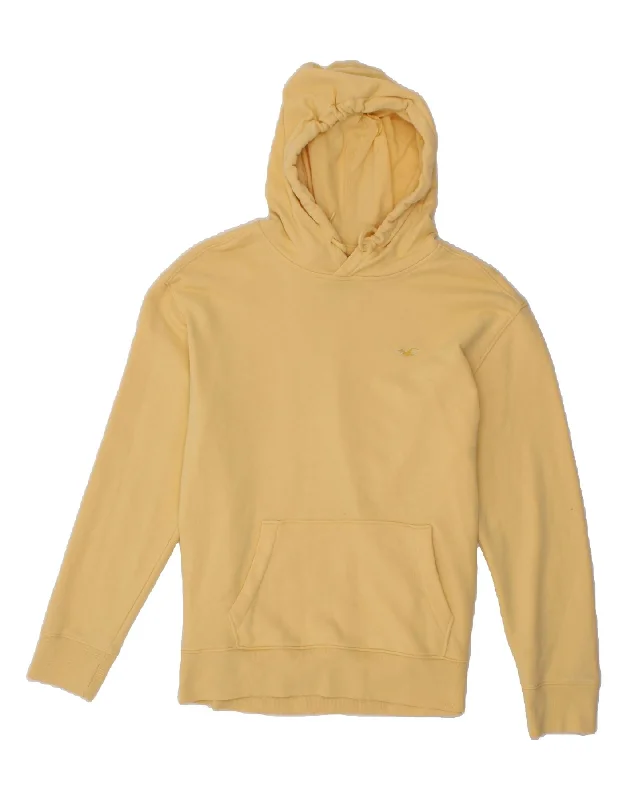 HOLLISTER Womens Hoodie Jumper UK 14 Medium Yellow Cotton Hoodie with Hem Contrast Bold Stylish