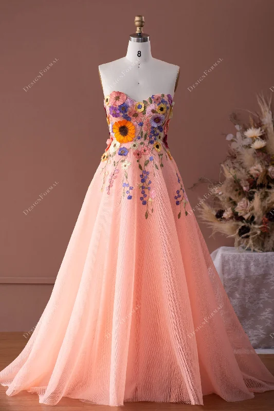 Peach Pink Flower Sweetheart A-line Fairy Prom Formal Dress empire Waist empire