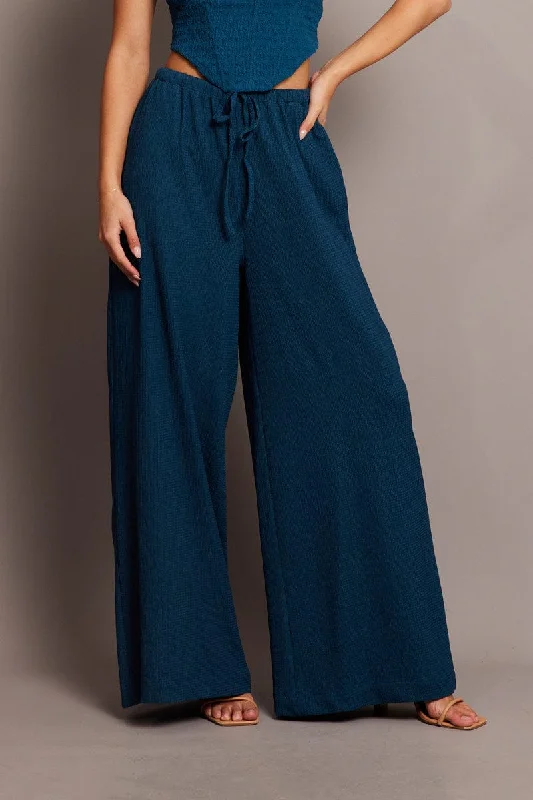 Blue Wide Leg Pants High Rise Textured Fabric Elegant Palazzo Trousers