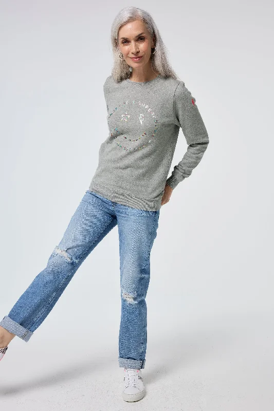 Grey Marl with Rainbow Foil Smiley Face Classic Sweatshirt Hoodie with Button Classic Timeless