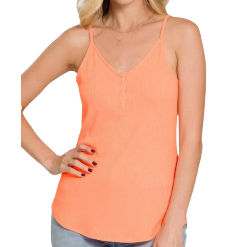 Ribbed Button V-Neck Tank Top In Coral soft pink tank